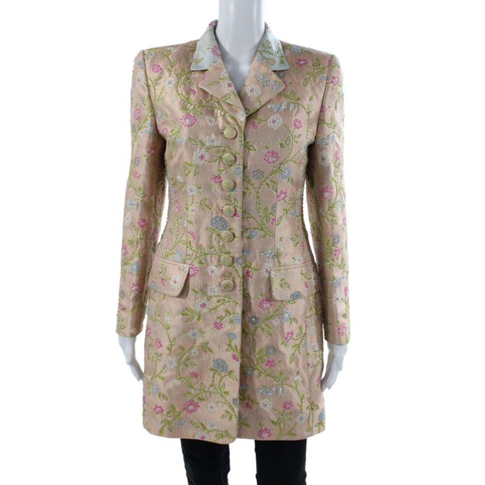 Rena Lange Women Beige Floral Collared Button Jacket Long Sleeve Size 38